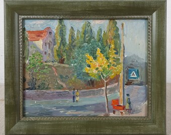 Cityscape Expressionism Scenariy , Framed, Sunny day in the City, Original Ukrainian oil painting