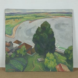 River Landscape, Original Vintage Oil Painting, Ukrainian artist Sleshinsky
