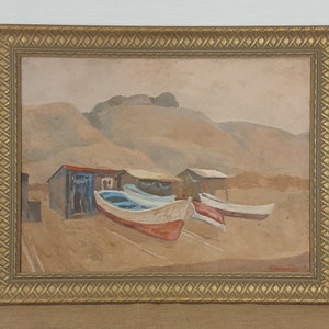 Boat Painting, Fishing Boats, Original Vintage Oil Painting, Ukrainian artist Sleshinsky