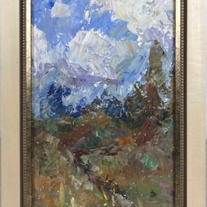 Scenariy Trees Autumn Scene with Sky Clouds Landscape, European Fine Art One of a kind, Original Ukrainian oil painting
