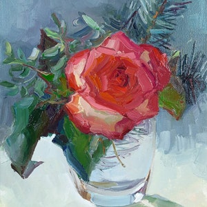 Original oil on canvas painting, Floral Still life Scene with Roses Flowers, One of a kind
