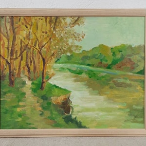 Yellow Landscape Autumn Scenariy River, European Fine Art, One of a kind, Framed hand made, Ukrainian Original oil painting