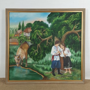 Vintage Original oil on cardboard, Ukrainian artist, Family, Child, River landscape, Naive, Vintage painting
