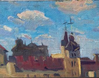 Old Cityscape, Antique painting, Landscape Scenary old houses with Sky , Expressive Ukrainian Original oil painting