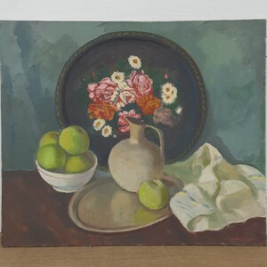 Still Life with Apples, Original Vintage Oil Painting, Ukrainian artist Sleshinsky