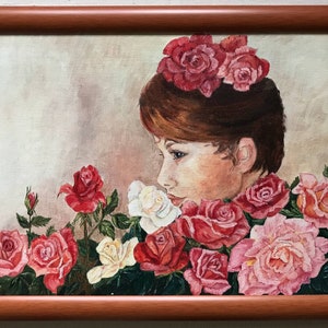 Original Vintage, Oil painting, Woman, Flowers, Roses, Portrait, European Fine Art, One of a kind