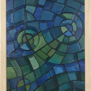 Blue Abstract geometric multi color composition, Oil painting, One of a kind, Framed, Original Ukrainian oil painting