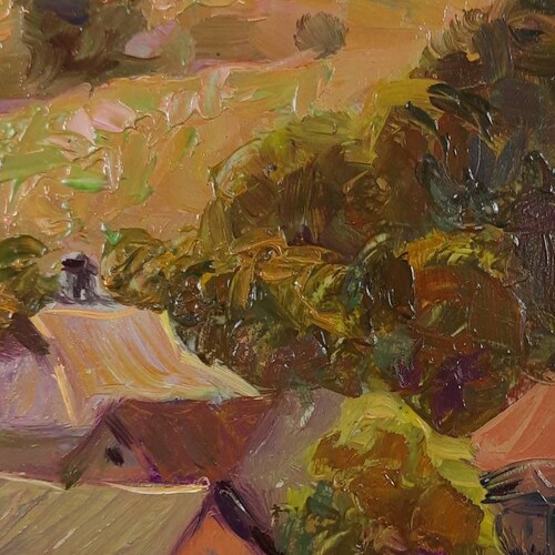 Original oil painting, Old house, Country house, Village, Sky, Landscape, Ukrainian shops Painting