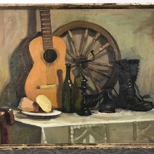 Male  Still life  Scene with guitar, Room decor Kitchen still life, Big size Original Ukrainian oil painting