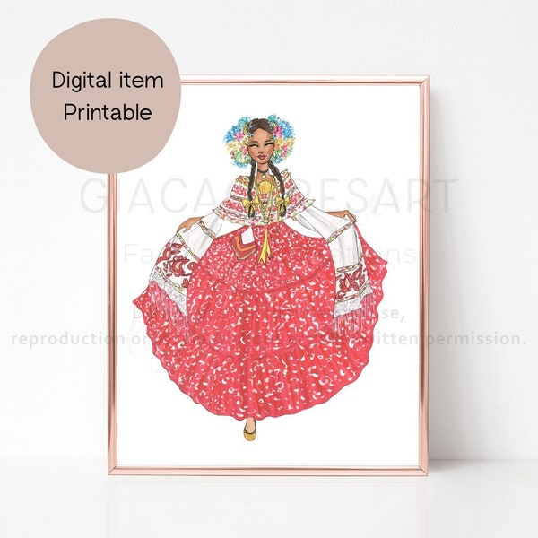 Pollera Montuna Roja instant download, Panama art digital print, Panamanian woman digital download, printable art, Hispanic Heritage