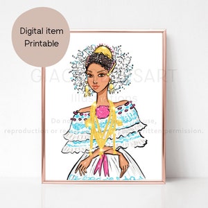 Panama digital art print, Panamanian woman with Pollera, Empollerada, Panama traditional dress, Pollera Panama poster, instant download