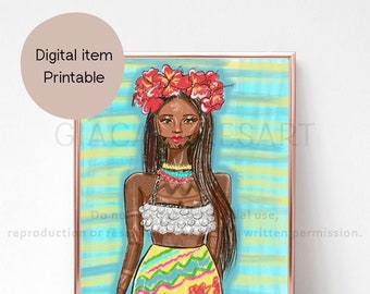 Emberá-Wounaan Indigenous woman from Panama digital art print | Panama traditions and culture | Ethnic dress | Instant download