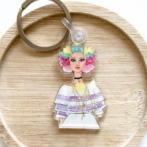 Panama pollera keychain | Pollera cintiada | Panamanian woman wearing Pollera | Pollera from Panama keychain | Acrylic charm key ring