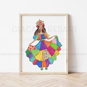 Puede incluir: Una ilustración colorida de una mujer con un vestido de retazos y una corona. El vestido está hecho de telas de diferentes colores, incluyendo rojo, amarillo, verde, azul y morado. La mujer tiene el pelo largo y castaño y sonríe.