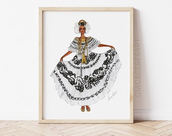 Pollera Zurcida Calada from Panamá art print, Panamanian gifts, Hispanic woman, Hispanic heritage, Latino culture, Panamanian Pollera