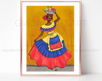 Palenquera from Cartagena Colombia art print, Colombia poster,  Colombian gifts, Souvenir from Cartagena, Colombian Palenquera poster