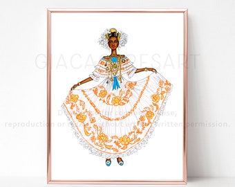 Panamanian pollera in Orange color, Panama poster, Panamanian woman, Pollera Panameña, Latino gifts