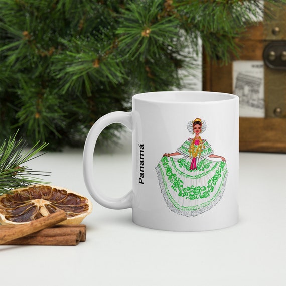 Empollerada coffee mug, white glossy mug, Panama christmas gift, Latino pride, Pollera de gala, Pollera zurcida, Panamanian gifts