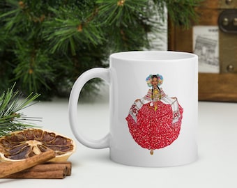 Panamanian Pollera mug, Panama art mug, Pollera Montuna from Panama mug, Coffee lover gifts, Panamanian gifts,