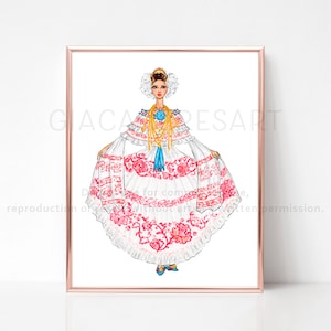 Pollera de Gala Roja from Panamá, Panama art print, Panama poster, Panamanian woman in pollera, Panamanian Pollera