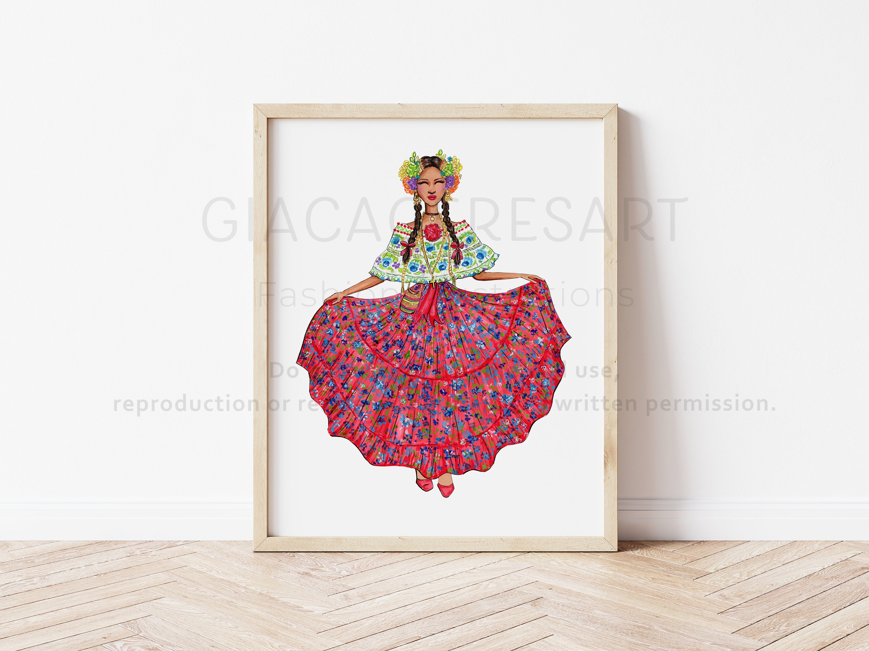 Pollera Montuna Santeña from Panamá, Panamanian gift, Panamanian poster