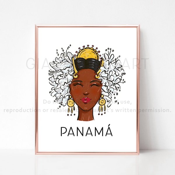Afro-Panamanian Tembleques head art print, Panamanian woman dark complexion, Panama wall art decor, Panama poster, Afro Latina woman art