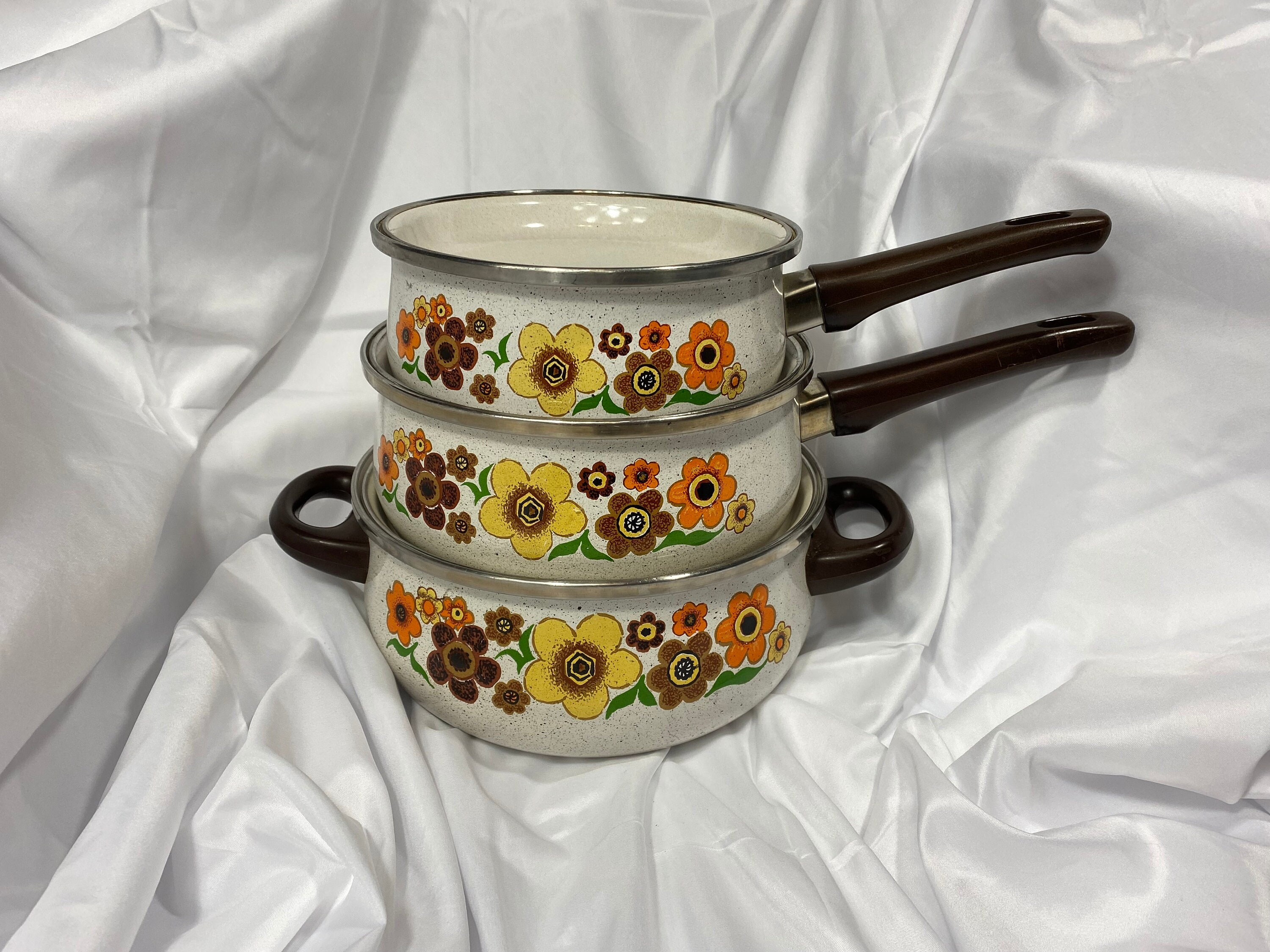 Vintage 2 Piece Set Of Pots, Porcelain Enamel Cookware Brown Hardware  Farmhouse