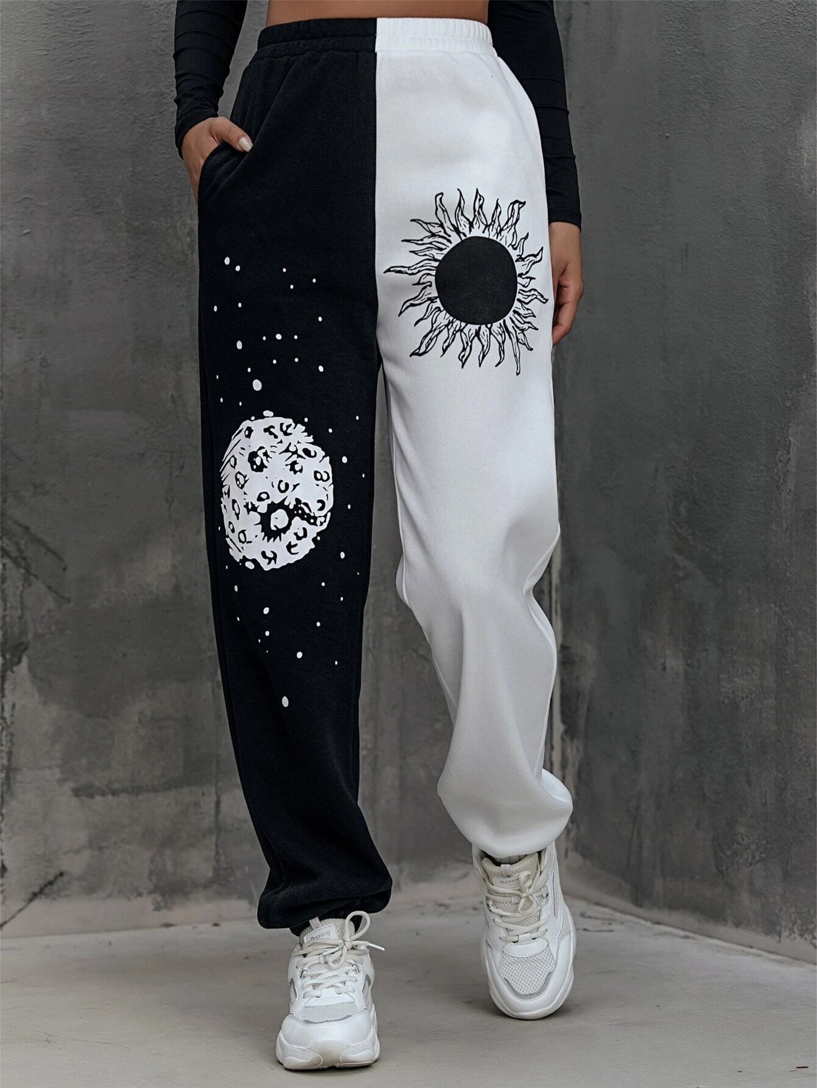 Gothic Black and White Stitching Printed Pants Earth Sun | Etsy