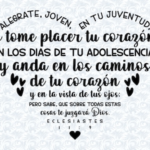 Eclesiastes 11:9 Alégrate, Joven, en tu Juventud Heart Shaped Bible Verse SVG avec licence commerciale, Christian Art Gift, Cut File. Vecteur