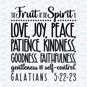 May include: Black and white text on a light blue background. The text reads "The Fruit of the Spirit is Love, Joy, Peace, Patience, Kindness, Goodness, Faithfulness, Gentleness and Self-Control. Galatians 5:22-23".