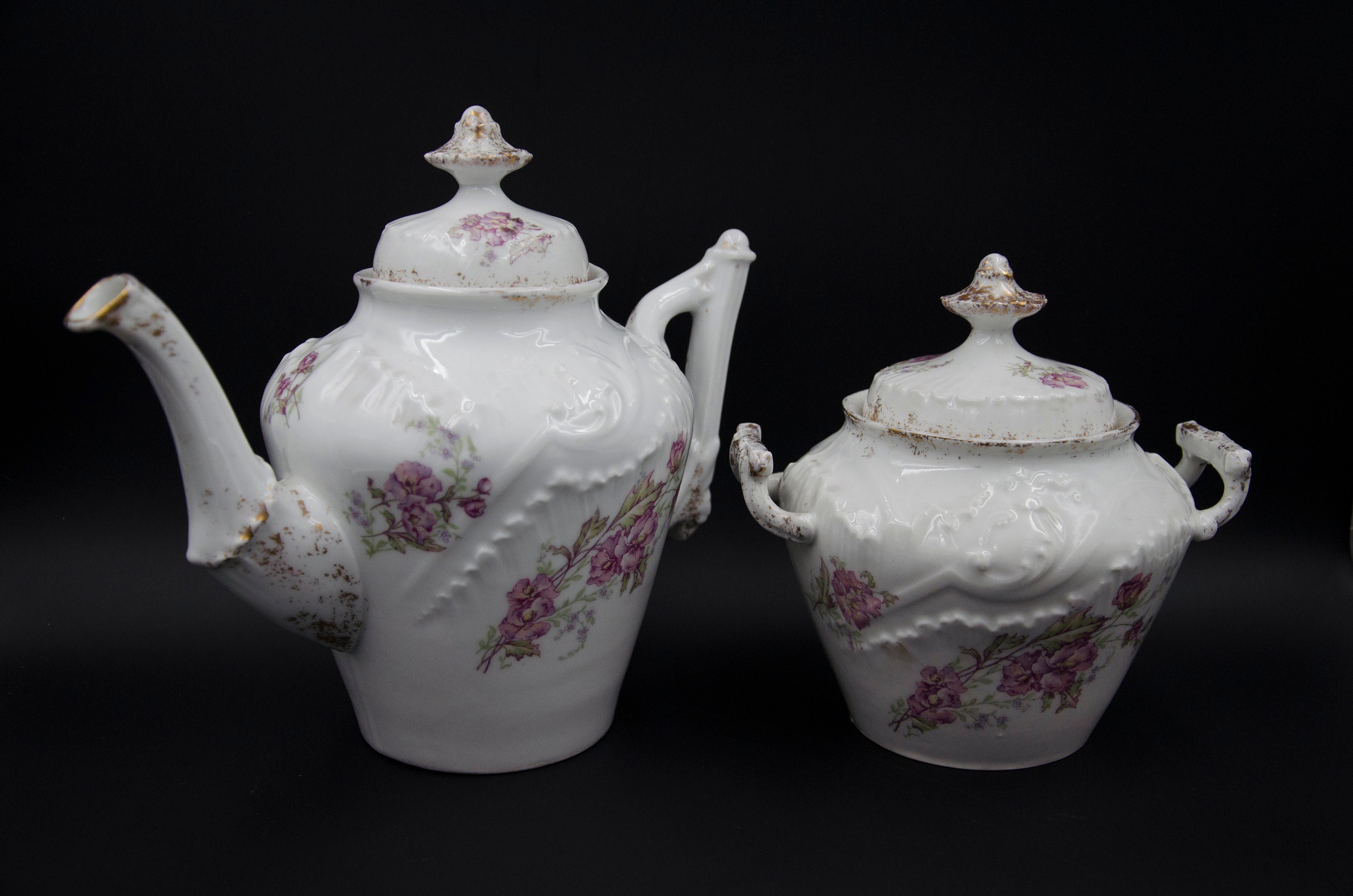 Théière, et Sucrier, Porcelaine de Paris, 19Ème, Décor Floral, Violet, Vintage