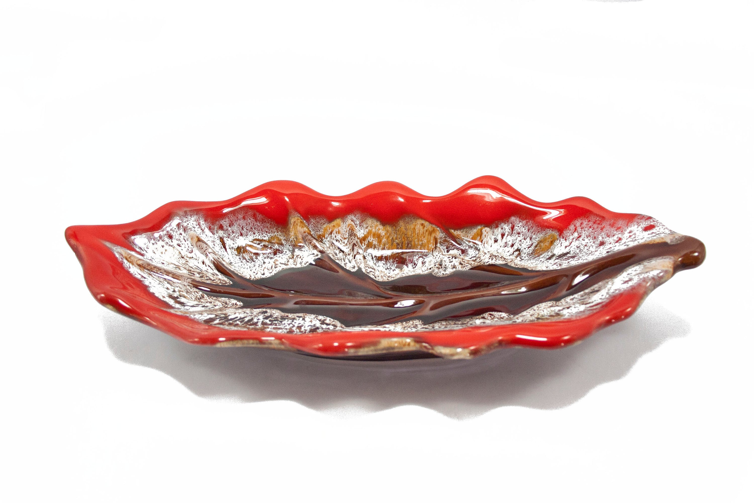 Coupe à Fruit en Céramique de Vallauris Forme Ovale Couleurs Rouge et Marron, Années 60