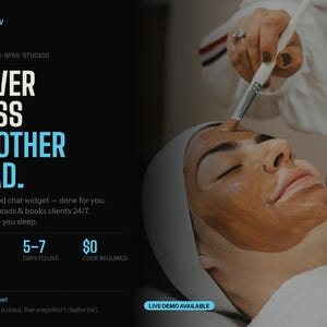 May include: A person receiving a facial treatment with a brown mask applied to their face. The image includes text that reads "NEVER MISS ANOTHER LEAD" and promotes an AI-powered chat widget for salons and spas.
