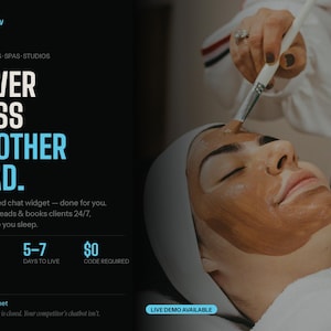 May include: A person receiving a facial treatment with a brown mask applied to their face. The image includes text that reads "NEVER MISS ANOTHER LEAD" and promotes an AI-powered chat widget for salons and spas.