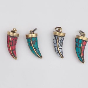 Horn with Coral, Turquoise and Shell Beads, Tibetan Horn, Horn Pendant, Mosaic Jewelry, Jewelry Making Supply, Sebebo Jewelry