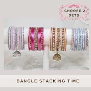 PICK 2 SETS- size 2.8 Beautiful pink, peach, chuda jhumka American diamonds. Wedding bangles chura choora. Bollywood jewelry Indian bangles