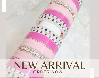 2.6 Chura nupcial rosa pequeña: brazaletes de boda de diamantes americanos, chura rosa, chuda, choora, brazaletes de mehndi, brazaletes indios, brazaletes de Bollywood