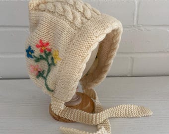 Baby Girls Vintage Classic Cable Knit Winter Snow Church Hat Cream With Multi-Colored Flower Embroidery Ties Under Chin