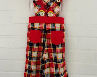 boys size 3t classic 1970 red, blue, cream and yellow plaid flared big bells overalls with front flat pockets and car appliqué