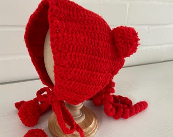 Classic Vintage Crochet 1970 Fun Red Winter Warm Pom Pom Ringlet Ponytail Chin Ties Earflaps Hat Cap