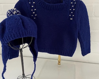 boys classic size 18-24 months royal blue pullover buttons at shoulder warm winter ski skating sledding sweater with matching pompom hat