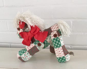 Green, Red, Cream Calico Print Christmas Cottage Core Colonial Style Cozy Decorating Stuffed Pony With Yarn Mane And Red Bow Around Neck