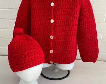 girls size 6-7 red knitted winter warm  ski button-down cardigan with collar and matching hat