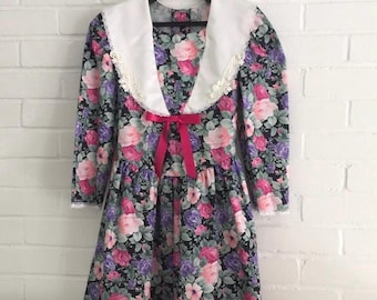 Vintage Floral Girls Dress – 1990s Tea Party, White Collar