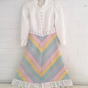 1970 Girls Size 8 Brady Bunch Theme Pastel Eyelet Full Length Dress