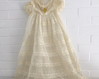 Vintage Antique Full Length Infant Baby Ivory Cream Sheer Christening Baptism Gown With Pearls