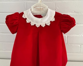 Baby Classic Vintage Girl Red Velvet Special Occasion Christmas Holiday Valentine Dress Short Puffy Sleeves And Attached White Eyelet Collar