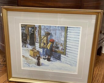 Armand J. Paquette “Wishful Thinking” Photolithographic Reproduction / Traditional Wood Gold Frame Winter Window Shopping Theme / 1987 /