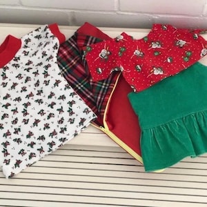 Christmas Holiday Red And Green Doll Outfit Ensemble - Doll clothes Bundle - Doll Corduroy Green Jumper Dress And Matching Doll Sleeping Bag