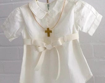 Feltman Bros. Cream Christening Baptism Church One Piece Short Sleeve Romper Hand Embroidered Collar Grosgrain Waist Tie Baby Boy 6-9 Months